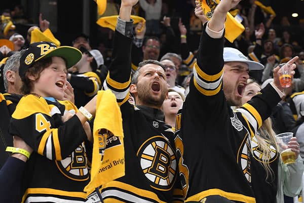 Fans cheering at a Boston Bruins game